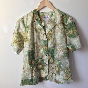 Hawaiian scrub top shirt wood buttons polyester women size 6